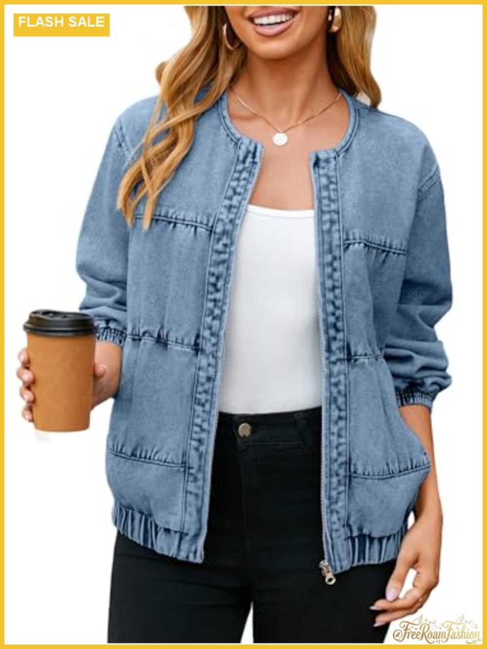 Womens Denim Bomber Jacket Zip Up Crew Neck Long Sleeve Loose Fit Jean Jacket